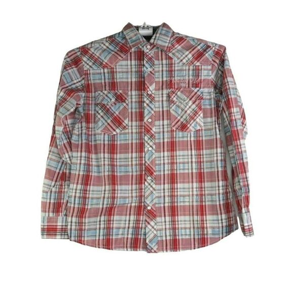 NOTW Christian Embroidered Button Up Shirt Men's Size Small Red Blue Plaid Long - Picture 1 of 8